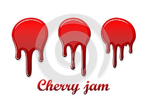 Red cherry drip confiture 3D set. Berry sweet jam spot isolated white background. Drips flowing down stain. Drop