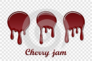 Red cherry drip confiture 3D set. Berry sweet jam spot isolated white transparent background. Drips flowing down stain