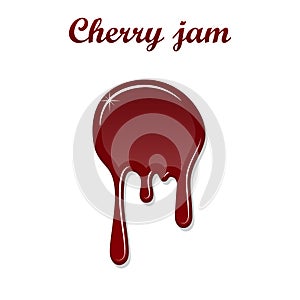 Red cherry drip confiture 3D. Berry sweet jam spot isolated white background. Drips flowing down stain. Drop realistic