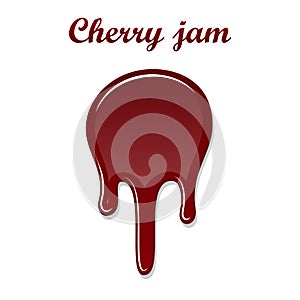 Red cherry drip confiture 3D. Berry sweet jam spot isolated white background. Drips flowing down stain. Drop realistic