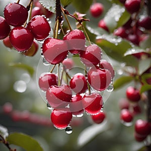 Red cherry fruit hanging with tree branch.