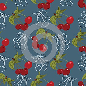 Red cherry fruit with line art vector pattern texture