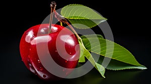 Red cherry with green leaf isolated on black background. Fresh fruit