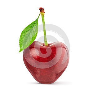 Red cherry with green leaf on white background. Clipping path