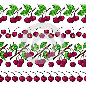 Red cherry and green leaves. Seamless pattern set. Banner with color berries. Vector illustration