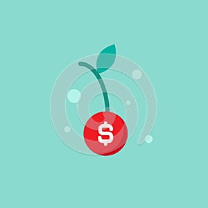 Red cherry with leaf and white dollar sign. vector icon. Income growth, financial result, bonus, offer, coupon flat icon photo