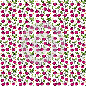 Red Cherry Seamless Pattern Texture with Leaves and Orange Polka Dot Element