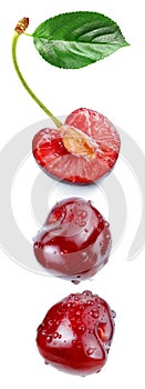 Red cherry slice and leaf with water drops  retouched and separately isolated white background