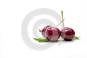 Red cherry with stalk and leaf isolated on white background. Ripe red sweet cherry. Sweet and juicy organic cherry. Fresh fruit