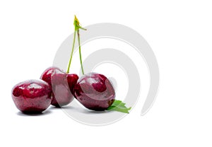 Red cherry with stalk and leaf isolated on white background. Ripe red sweet cherry. Sweet and juicy organic cherry. Fresh fruit