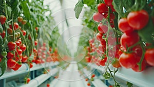 Red Cherry tomato ripe branches close up photo in modern Hydroponics Horticulture farm in daylight greenhouse. Advantages of