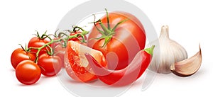 Red cherry, tomato, slice, garlic with clove, chili pepper