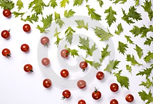 Red cherry tomatoes and green rucola salad leaves on white background