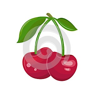 Red cherry on a white background. Two cherries on a branch with leaves. Juicy maroon berry. Sweet fruit cartoon. Hand