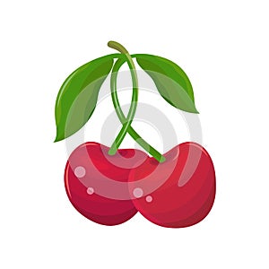 Red cherry on a white background. Two cherries on a branch with leaves. Juicy maroon berry. Sweet fruit cartoon. Hand drawn vector