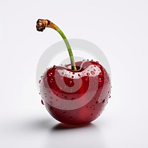 Red Cherry On White Background With Water Droplets