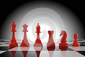Red chess figures on board in 3d rendering