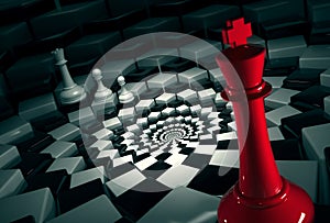 Red chess king on round chessboard vs white figures