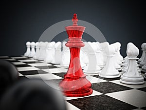 Red chess king standing between white and black pawns. 3D illustration