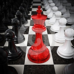 Red chess king standing between white and black pawns. 3D illustration