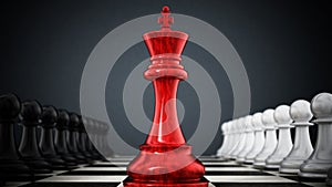 Red chess king standing between white and black pawns. 3D illustration