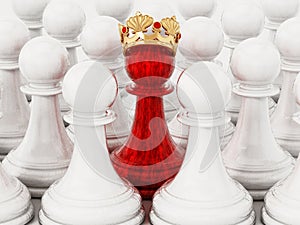 Red chess pawn with golden crown standing out among white pawns. 3D illustration