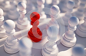 Red chess pawn among white pawns . Leadership concept. 3d rendering