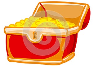 Red chest open and with gold coins lying on a slide, isolated object on a white background, vector illustration