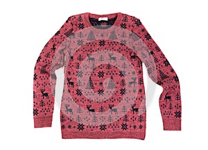 Red Children knitted sweater with a deer pattern. Isolate on w