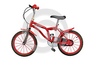 Red children's bicycle isolated on white background