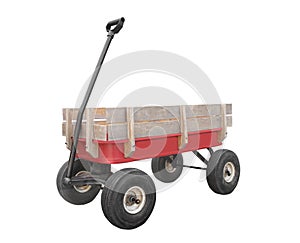 Red childâ€™s wagon with sideboards isolated.