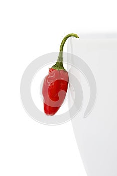 Red Chili Hanging on White Bowl