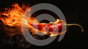 Red chili pepper engulfed in flames on black background
