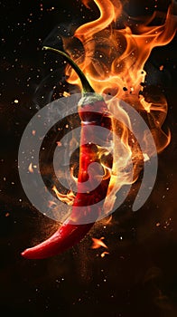 Red chili pepper engulfed in flames with sparks