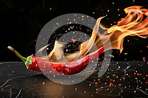 red chili pepper with fire trail on black backdrop