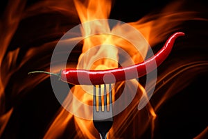 red chili pepper, pricked on a fork, on a background of burning fire, flames on a black background photo