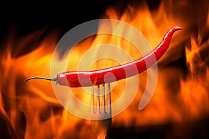 red chili pepper, pricked on a fork, on a background of burning fire, flames on a black background photo