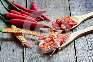 Red chili pepper slices on wooden spoon