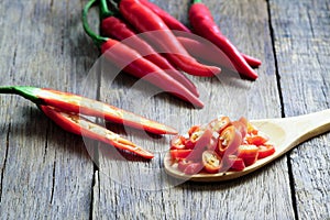 Red chili pepper slices on wooden spoon