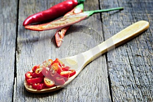 Red chili pepper slices on wooden spoon