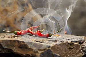 red chili pepper with smoke on a hot stone surface