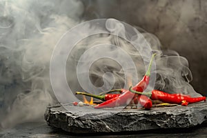 red chili pepper with smoke on a hot stone surface