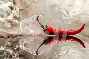 red chili pepper with smoke swirls on reflective surface
