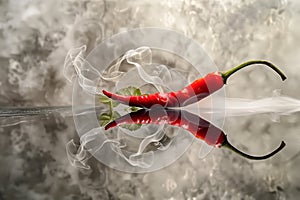 red chili pepper with smoke swirls on reflective surface