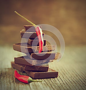 Red chili pepper on stack of dark chocolate pieces