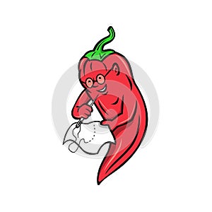 Red Chili Pepper Wearing Granny Glasses and Stitching Cloth with Sewing Needle Mascot
