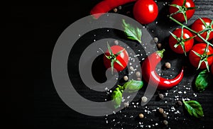 Red chili peppers, cherry tomato, basil, black pepper, salt on dark wooden background with copy space. top view
