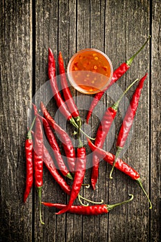 Red chili peppers and chili sauce.