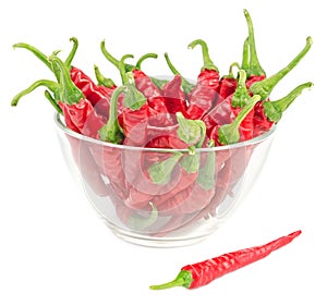 Red chili peppers in glass bowl isolated