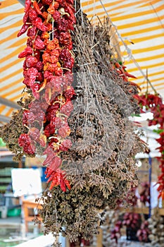 Red chili peppers hanging for sale at the street Market